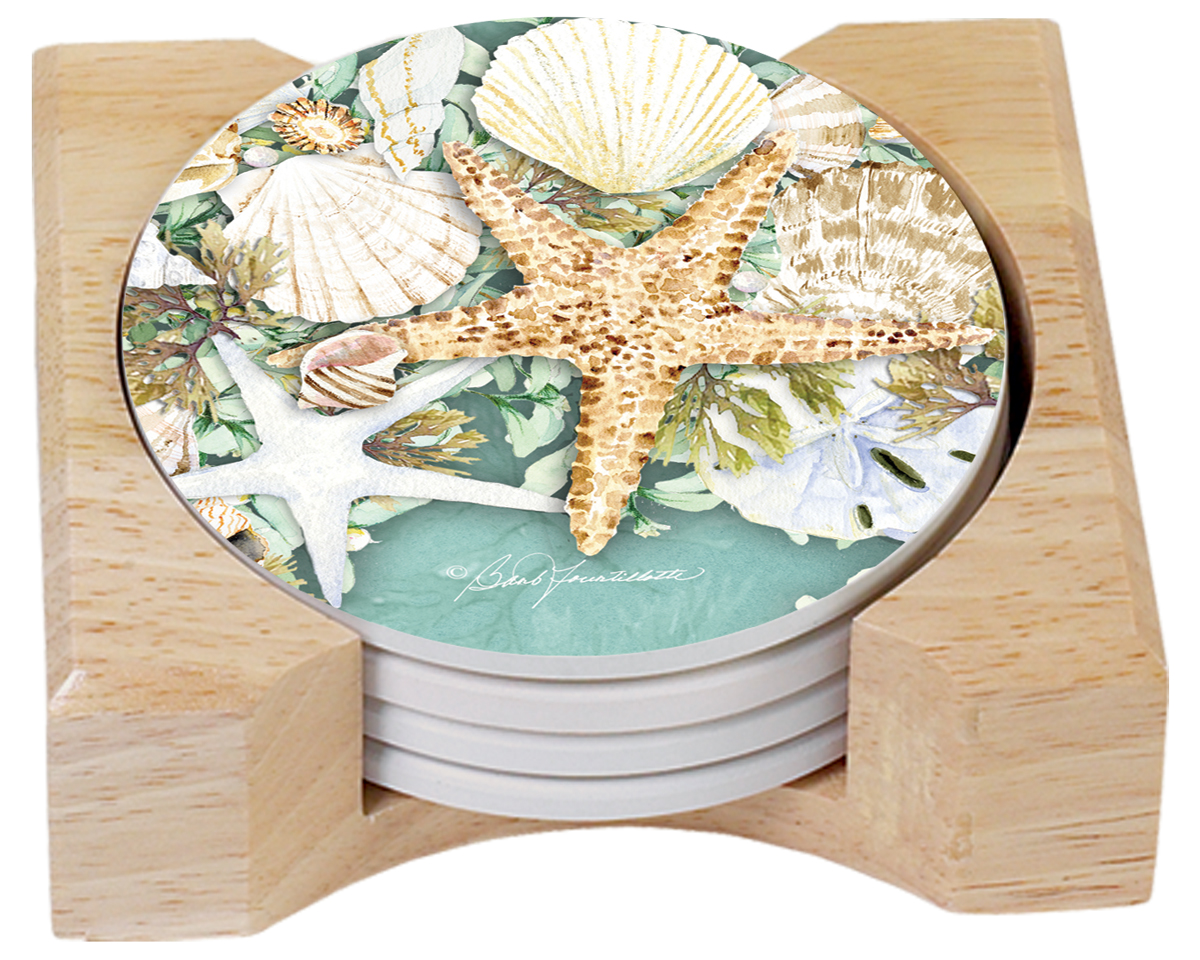 Coastal Wreath Seashell 4 Stone Coasters and Wood Holder