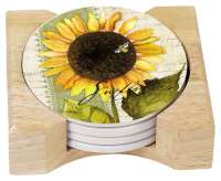* 4 Sunflowers in Bloom Cork on Stone Coasters w/Holder * 4 Sunflowers in Bloom Cork on Stone Coasters w/Holder