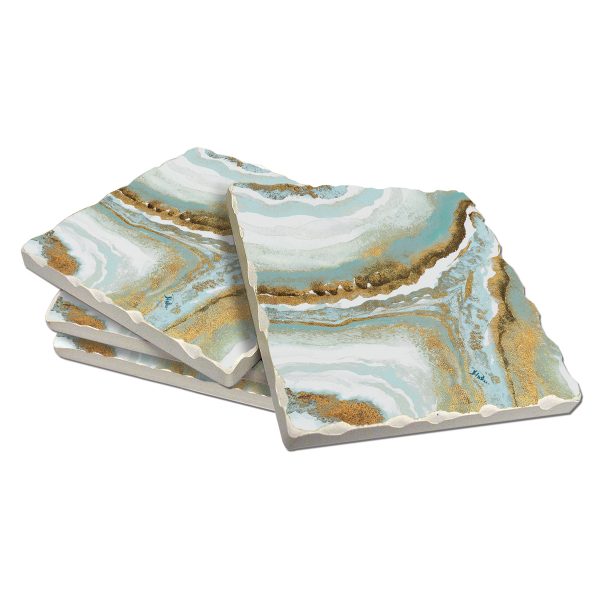 * - 4  Cork-back Stone Coasters-w-Wood Holder Marble Teal Agate