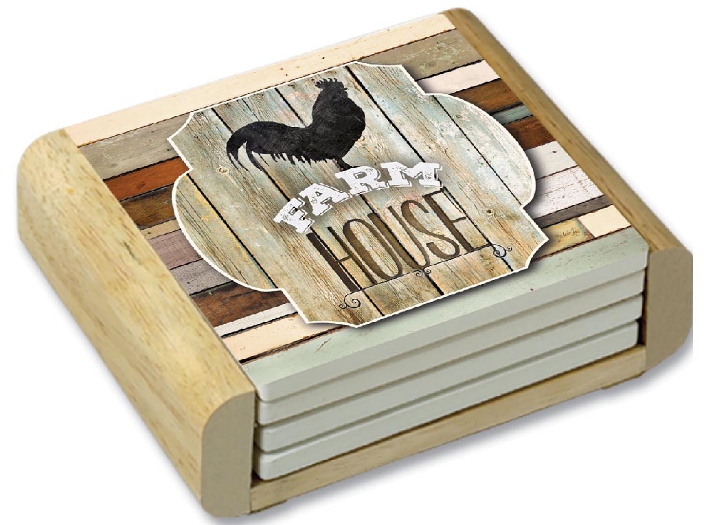 * 4 Farmhouse Rooster Stone Coasters w/Holder * 4 Farmhouse Rooster Stone Coasters w/Holder