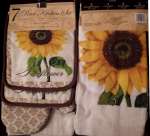 * 7pc Sunflower Brown Edge Kitchen Towel & Mitt Set * 7pc Sunflower Brown Edge Kitchen Towel & Mitt Set